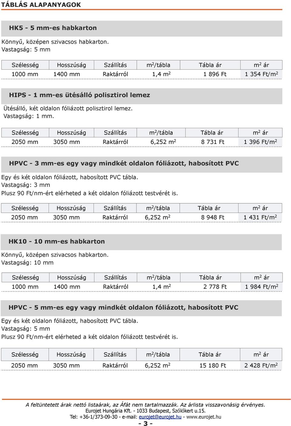 2050 mm 3050 mm Raktárról 6,252 m 2 8 731 Ft 1 396 Ft/m 2 HPVC - 3 mm-es egy vagy mindkét oldalon fóliázott, habosított PVC Egy és két oldalon fóliázott, habosított PVC tábla.