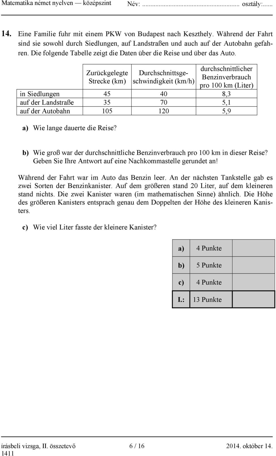 Zurückgelegte Strecke (km) Durchschnittsgeschwindigkeit (km/h) durchschnittlicher Benzinverbrauch pro 100 km (Liter) in Siedlungen 45 40 8,3 auf der Landstraße 35 70 5,1 auf der Autobahn 105 120 5,9