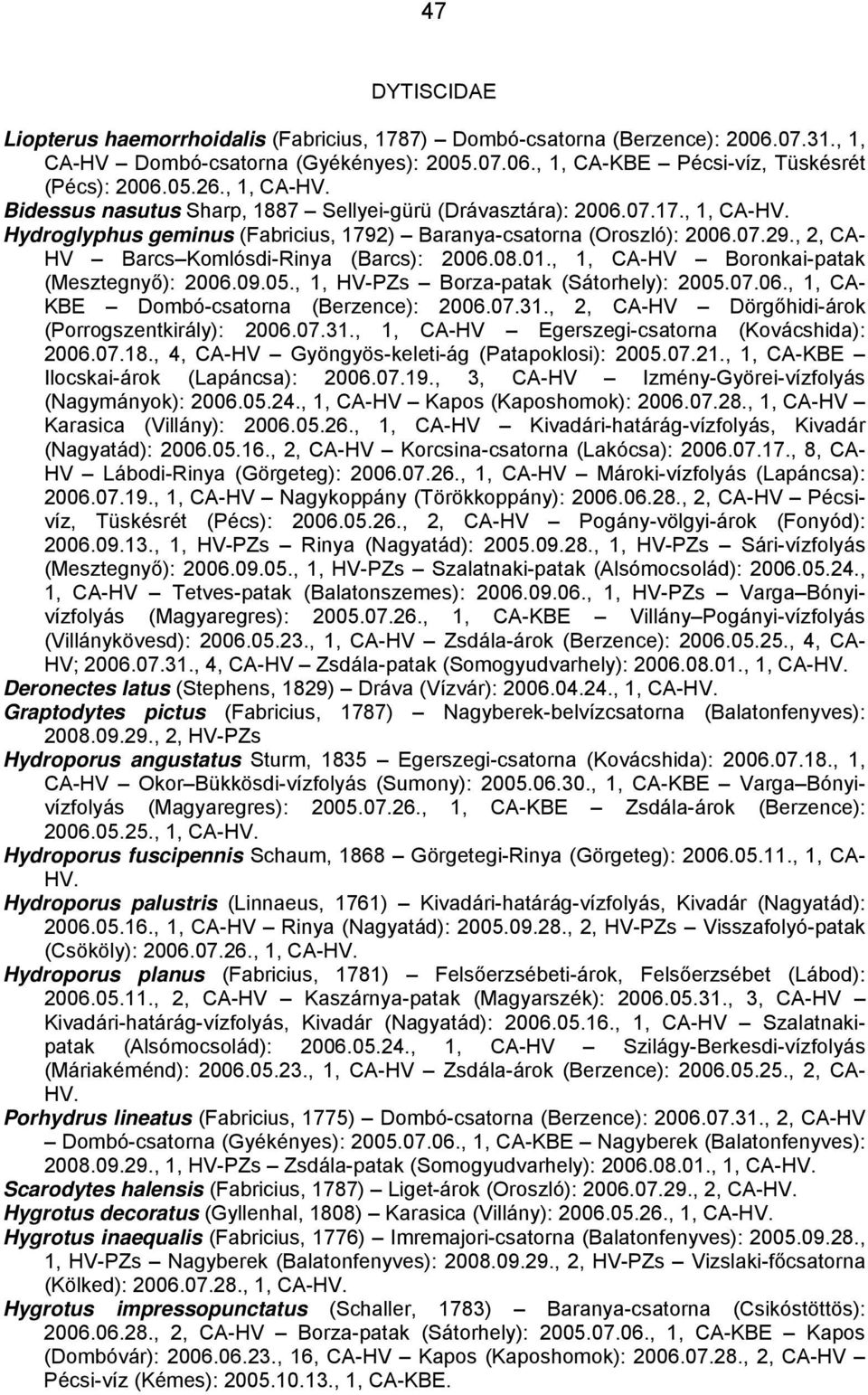 , 2, CA- HV Barcs Komlósdi-Rinya (Barcs): 2006.08.01., 1, CA-HV Boronkai-patak (Mesztegnyő): 2006.09.05., 1, HV-PZs Borza-patak (Sátorhely): 2005.07.06., 1, CA- KBE Dombó-csatorna (Berzence): 2006.07.31.