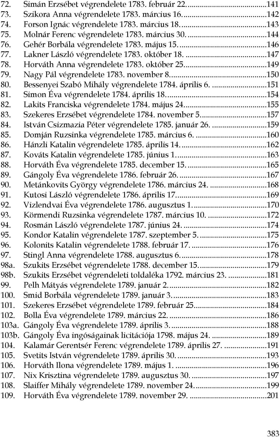 Nagy Pál végrendelete 1783. november 8...150 80. Bessenyei Szabó Mihály végrendelete 1784. április 6....151 81. Simon Éva végrendelete 1784. április 18...154 82. Lakits Franciska végrendelete 1784.