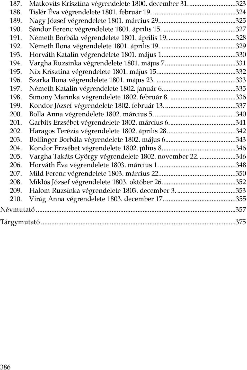 Horváth Katalin végrendelete 1801. május 1...330 194. Vargha Ruzsinka végrendelete 1801. május 7...331 195. Nix Krisztina végrendelete 1801. május 15...332 196. Szarka Ilona végrendelete 1801.