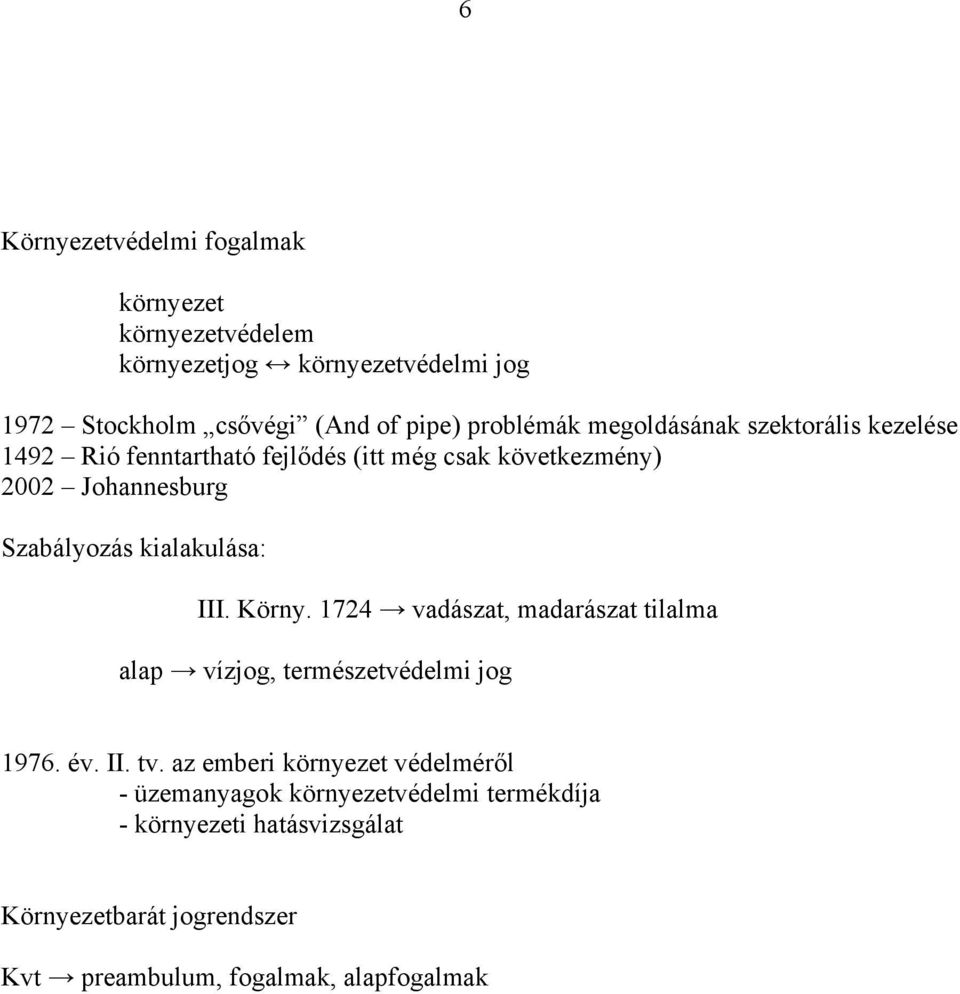 kialakulása: III. Körny. 1724 vadászat, madarászat tilalma alap vízjog, természetvédelmi jog 1976. év. II. tv.