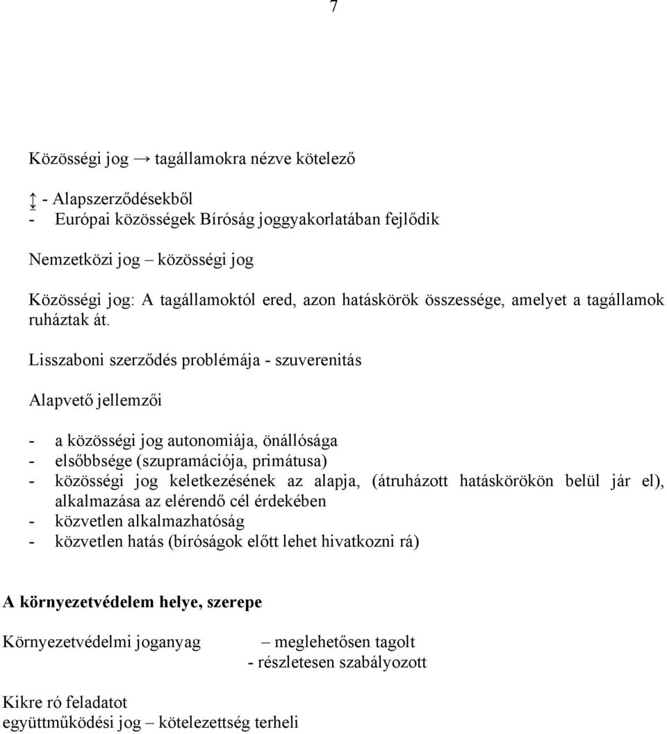 Lisszaboni szerződés problémája - szuverenitás Alapvető jellemzői - a közösségi jog autonomiája, önállósága - elsőbbsége (szupramációja, primátusa) - közösségi jog keletkezésének az alapja,