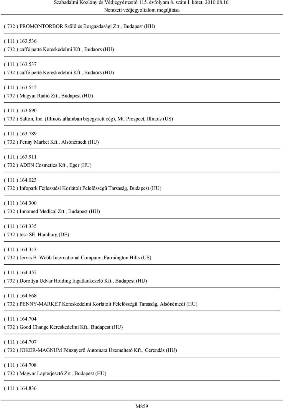 789 ( 732 ) Penny Market Kft., Alsónémedi (HU) ( 111 ) 163.911 ( 732 ) ADEN Cosmetics Kft., Eger (HU) ( 111 ) 164.