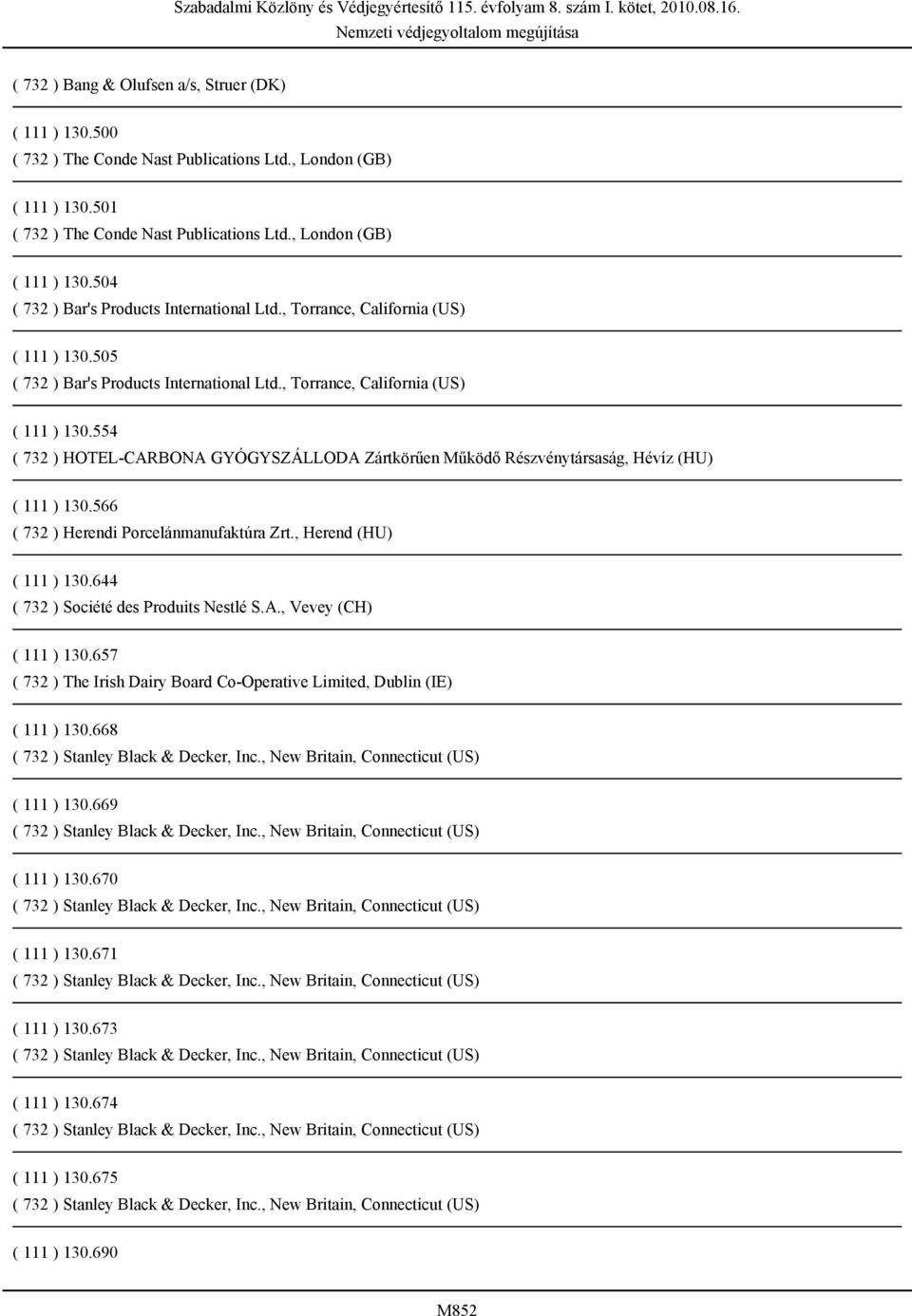 566 ( 732 ) Herendi Porcelánmanufaktúra Zrt., Herend (HU) ( 111 ) 130.644 ( 732 ) Société des Produits Nestlé S.A., Vevey (CH) ( 111 ) 130.