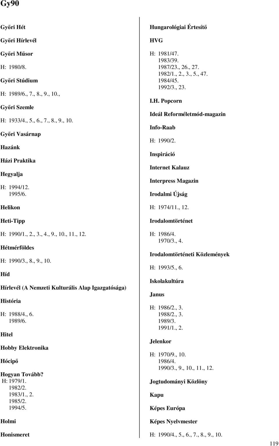Hitel Hobby Elektronika Hócipı Hogyan Tovább? H: 1979/1. 1982/2. 1983/1., 2. 1985/2. 1994/5. Holmi Honismeret Hungarológiai Értesítı HVG H: 1981/47. 1983/39. 1987/23., 26., 27. 1982/1., 2., 3., 5.