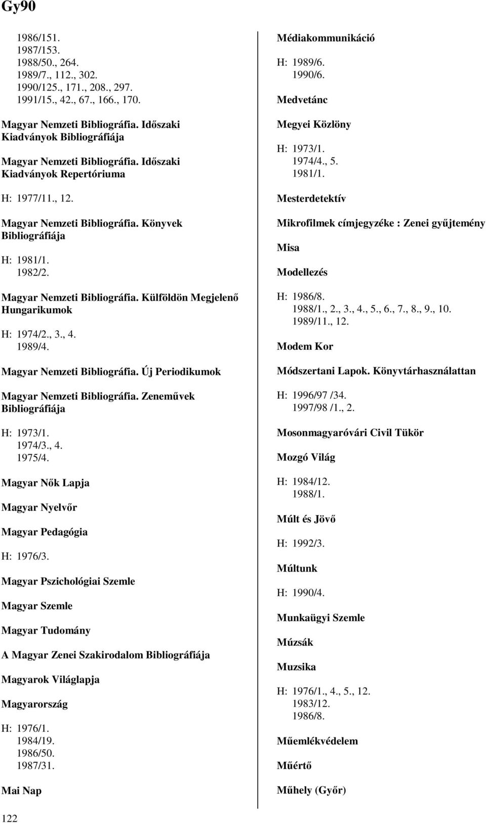 Magyar Nemzeti Bibliográfia. Külföldön Megjelenı Hungarikumok H: 1974/2., 3., 4. 1989/4. Magyar Nemzeti Bibliográfia. Új Periodikumok Magyar Nemzeti Bibliográfia. Zenemővek Bibliográfiája H: 1973/1.