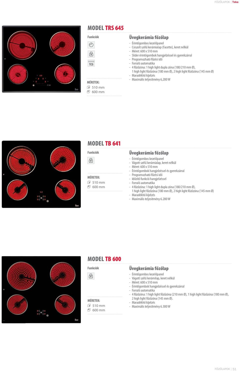 teljesítmény 6,200 W MODEL TB 641 1 600 mm Üvegkerámia főzőlap - Érintőgombos kezelőpanel - Vágott szélű kerámialap, keret nélkül - Méret: 600 x 510 mm - Érintőgombok hangjelzéssel és gyerekzárral -