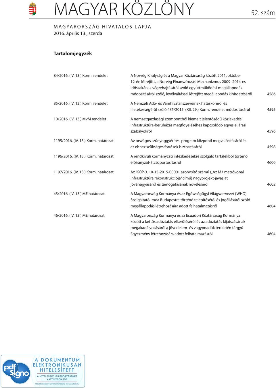 kihirdetéséről 4586 85/2016. (IV. 13.) Korm. rendelet A Nemzeti Adó- és Vámhivatal szerveinek hatásköréről és illetékességéről szóló 485/2015. (XII. 29.) Korm. rendelet módosításáról 4595 10/2016.