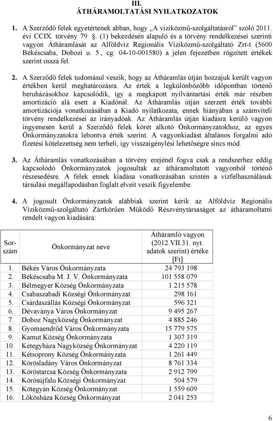 , cg: 04-10-001580) a jelen fejezetben rögzített értékek szerint ossza fel. 2. A Szerződő felek tudomásul veszik, hogy az Átháramlás útján hozzájuk került vagyon értékben kerül meghatározásra.