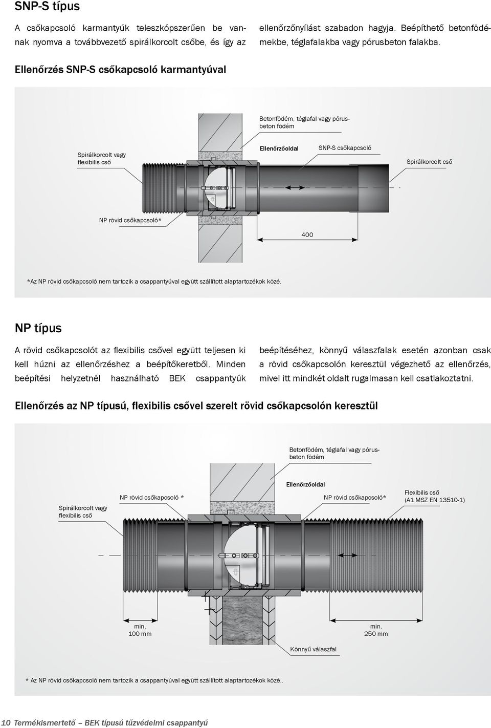 Ellenőrzés SNP-S csőkapcsoló karmantyúval Betonfödém, téglafal vagy pórusbeton födém Spirálkorcolt vagy flexibilis cső Ellenőrzőoldal SNP-S csőkapcsoló Spirálkorcolt cső NP rövid csőkapcsoló* 400 *Az