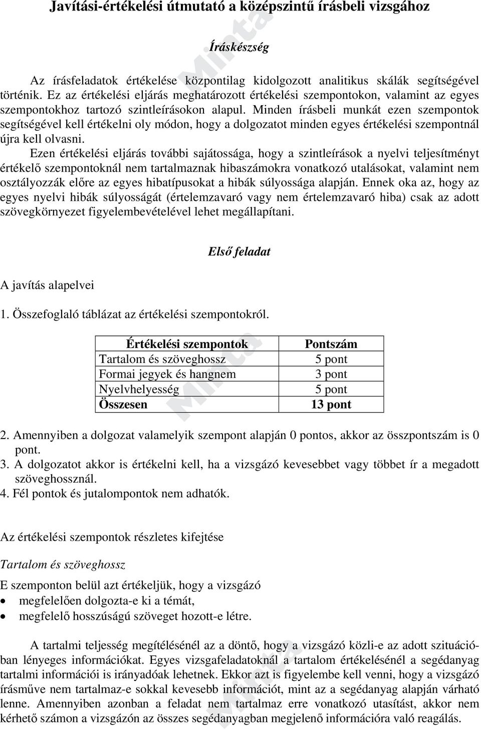 Minden írásbeli munkát ezen szempontok segítségével kell értékelni oly módon, hogy a dolgozatot minden egyes értékelési szempontnál újra kell olvasni.