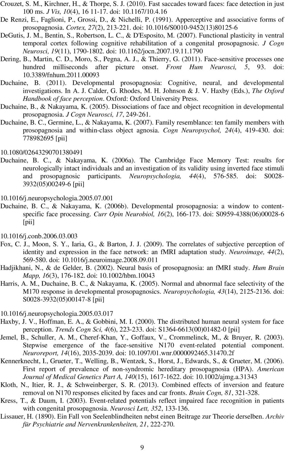 (2007). Functional plasticity in ventral temporal cortex following cognitive rehabilitation of a congenital prosopagnosic. J Cogn Neurosci, 19(11), 1790-1802. doi: 10.1162/jocn.2007.19.11.1790 Dering, B.