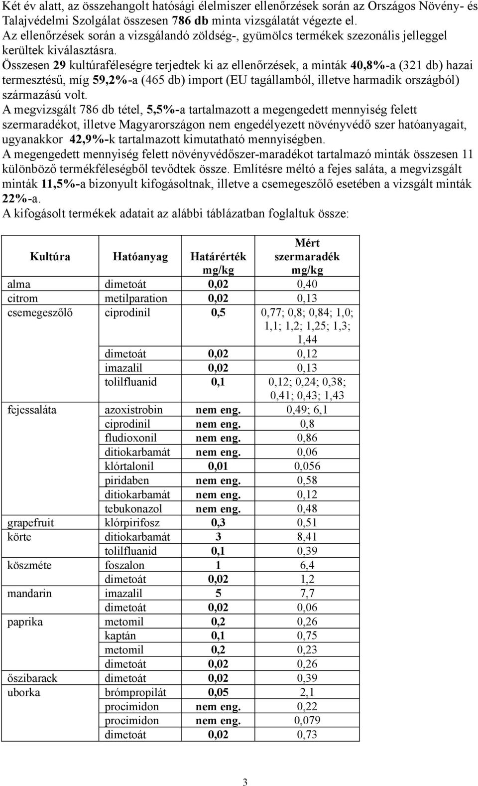 Összesen 29 kultúraféleségre terjedtek ki az ellenőrzések, a minták 40,8%-a (321 db) hazai termesztésű, míg 59,2%-a (465 db) import (EU tagállamból, illetve harmadik országból) származású volt.