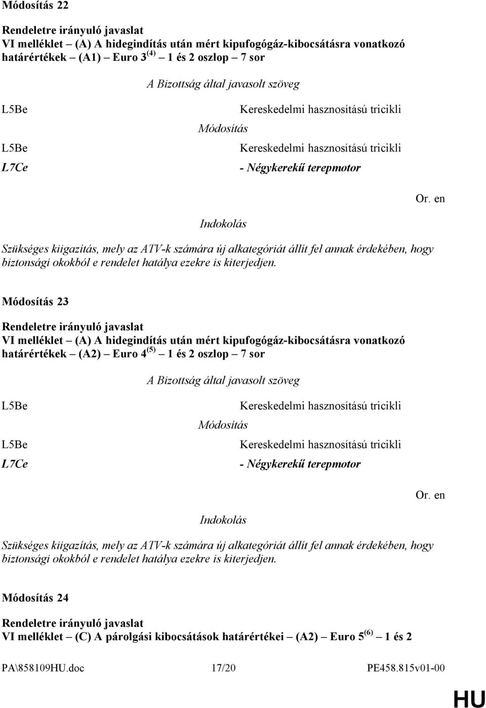 23 VI melléklet (A) A hidegindítás után mért kipufogógáz-kibocsátásra vonatkozó határértékek (A2) Euro 4 (5) 1 és 2 oszlop 7 sor L5Be L5Be L7Ce Kereskedelmi hasznosítású tricikli Kereskedelmi  24 VI