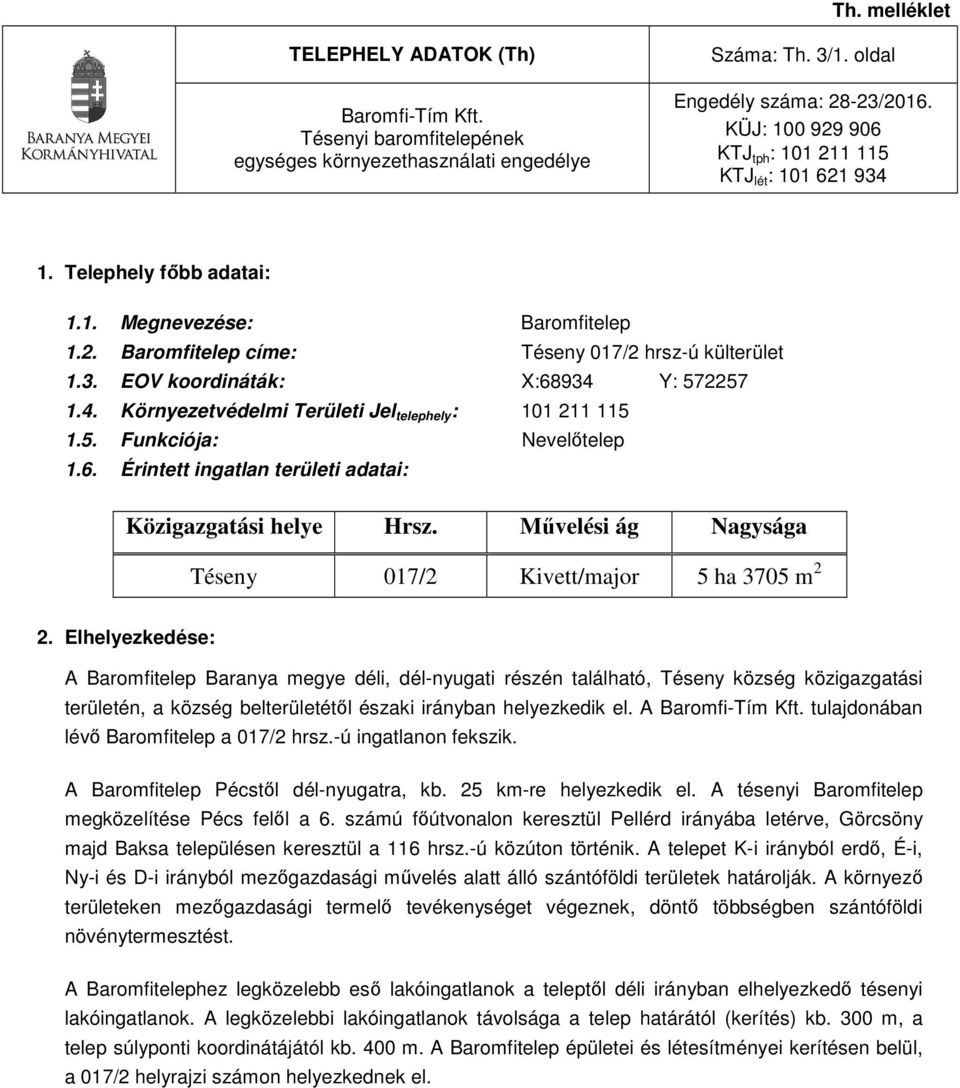 4. Környezetvédelmi Területi Jel telephely : 101 211 115 1.5. Funkciója: Nevelőtelep 1.6. Érintett ingatlan területi adatai: Közigazgatási helye Hrsz.