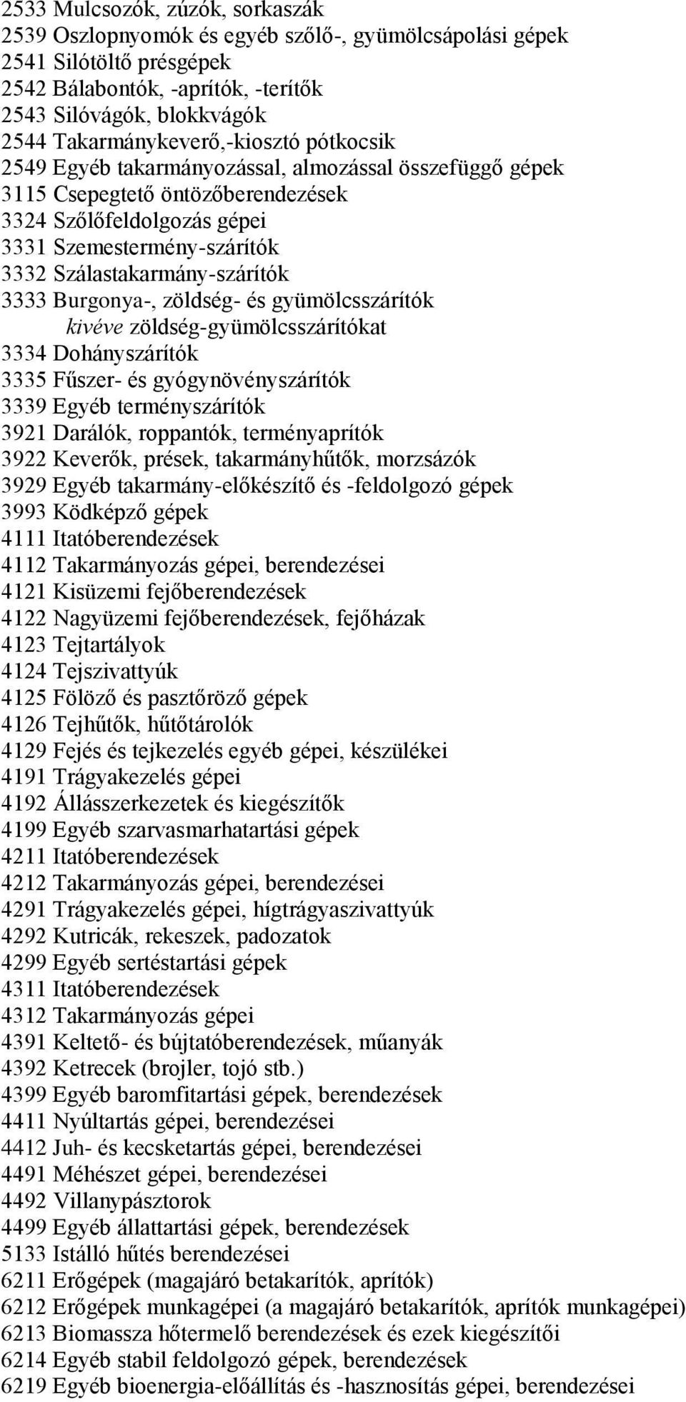 Szálastakarmány-szárítók 3333 Burgonya-, zöldség- és gyümölcsszárítók kivéve zöldség-gyümölcsszárítókat 3334 Dohányszárítók 3335 Fűszer- és gyógynövényszárítók 3339 Egyéb terményszárítók 3921