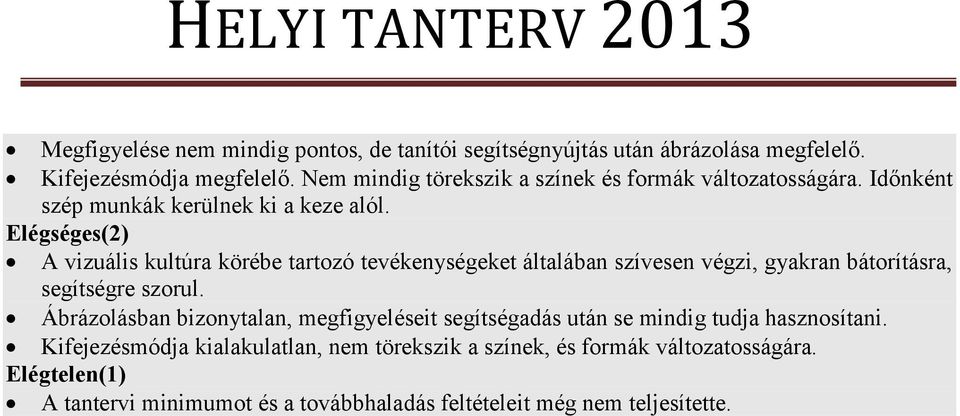 Elégséges(2) A vizuális kultúra körébe tartozó tevékenységeket általában szívesen végzi, gyakran bátorításra, segítségre szorul.