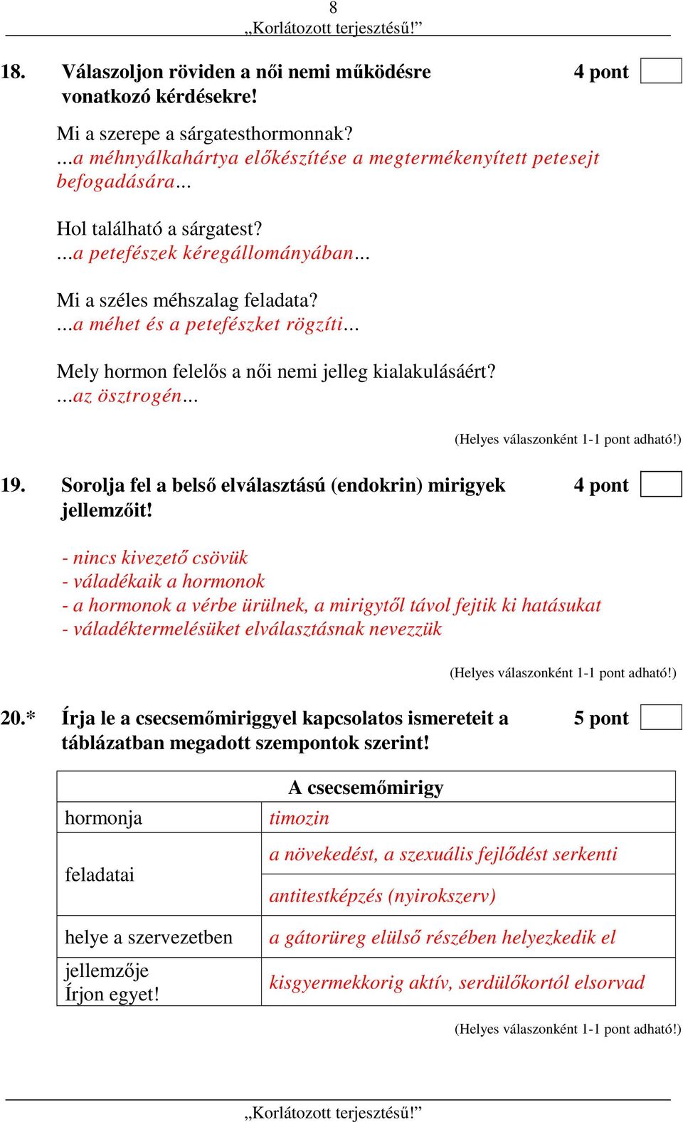 ...az ösztrogén... 19. Sorolja fel a belső elválasztású (endokrin) mirigyek 4 pont jellemzőit!