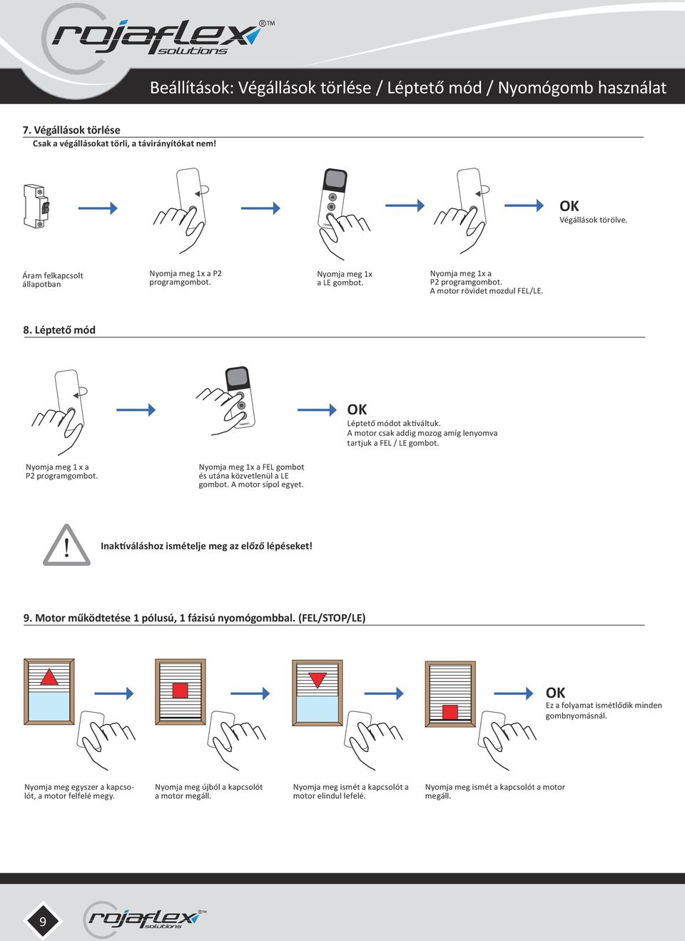 A motor csak addig mozog amíg lenyomva tartjuk a / gombot. Nyomja meg 1x a gombot és utána közvetlenül a gombot. A motor sípol egyet. Inaktíváláshoz ismételje meg az előző lépéseket! 9.