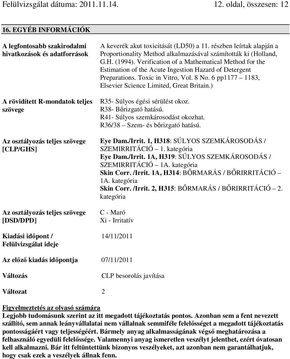 keverék akut toxicitását (LD50) a 11. részben leírtak alapján a Proportionality Method alkalmazásával számították ki (Holland, G.H. (1994).