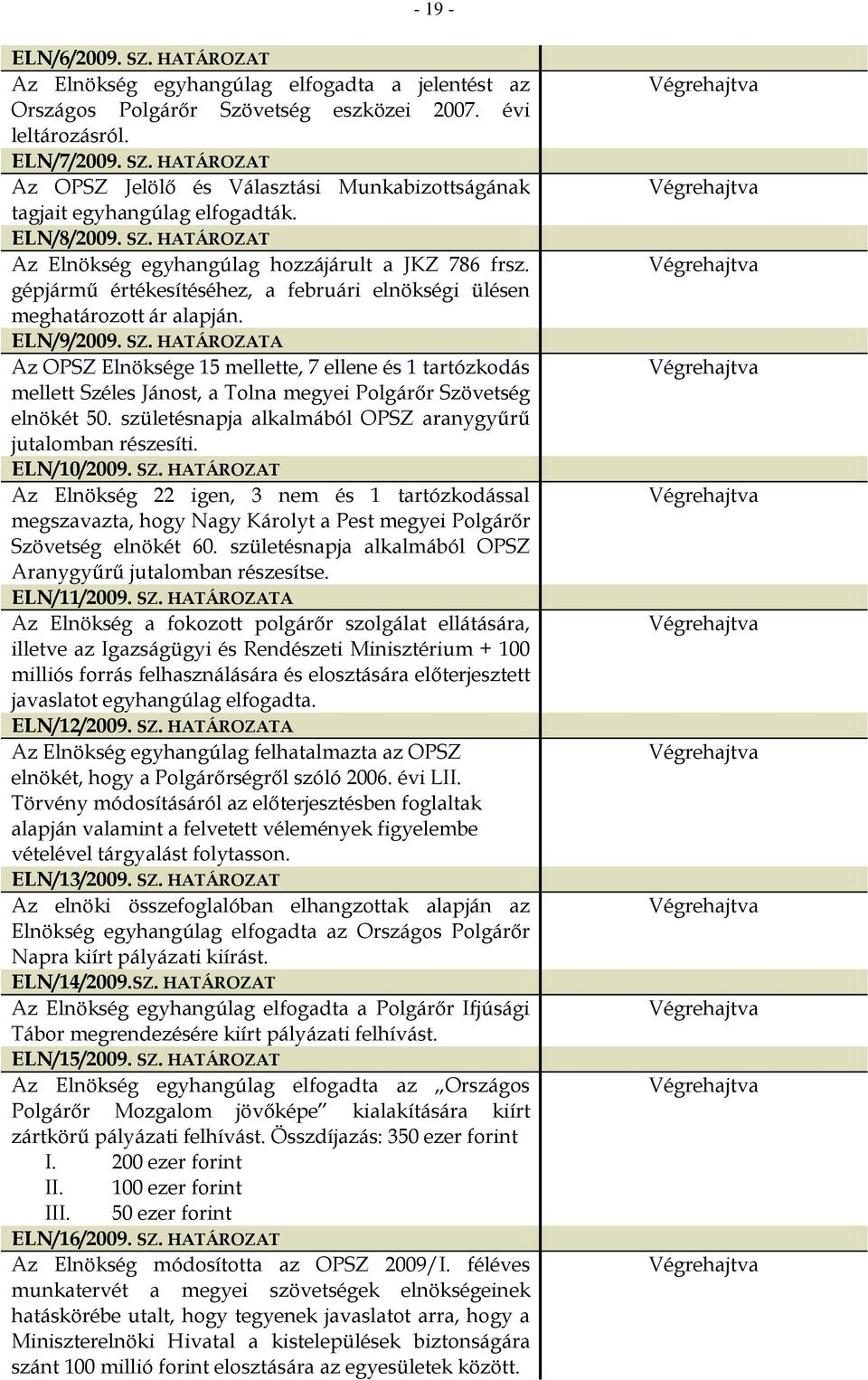 születésnapja alkalmából OPSZ aranygyűrű jutalomban részesíti. ELN/10/2009. SZ.