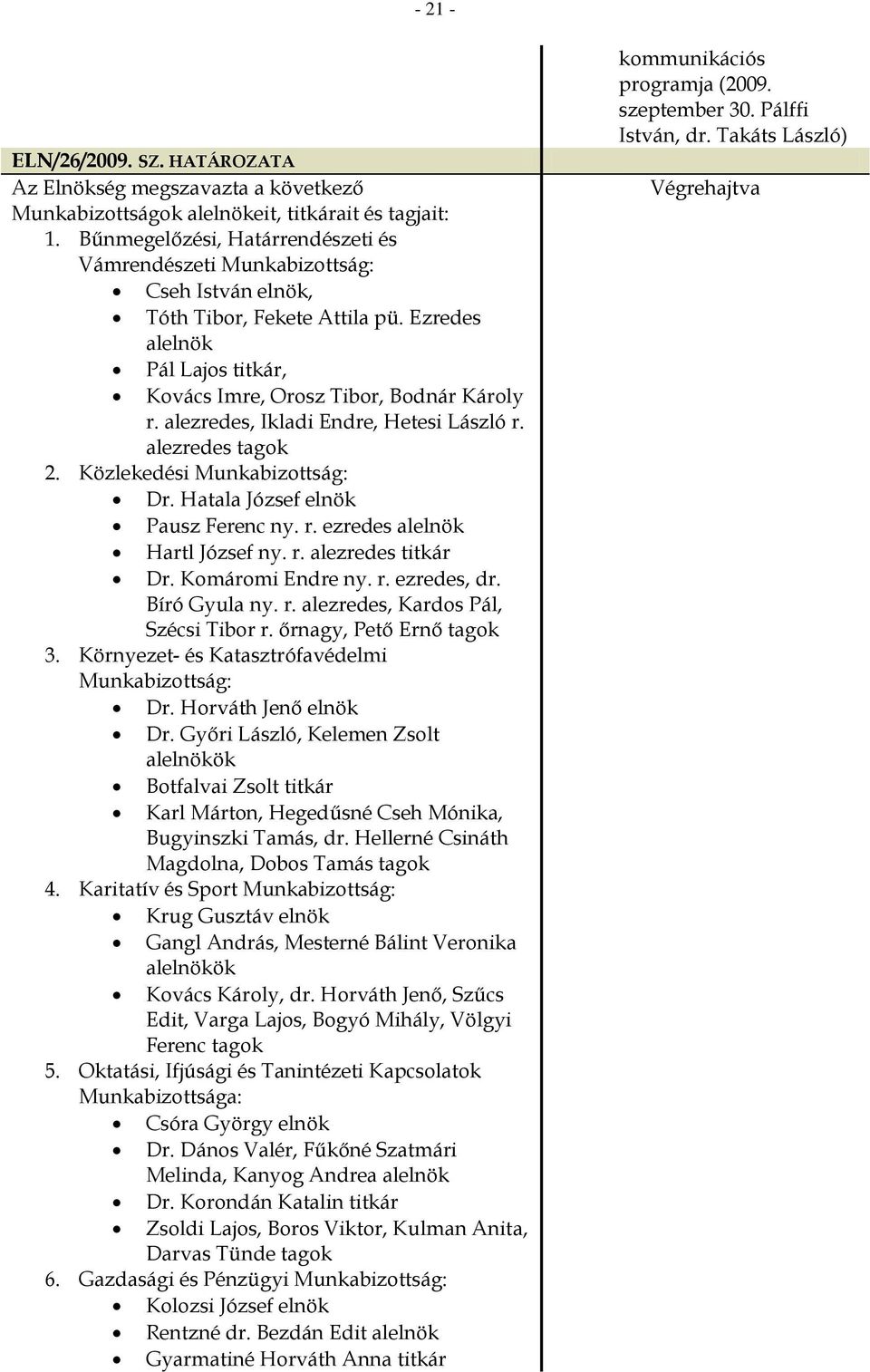 alezredes, Ikladi Endre, Hetesi László r. alezredes tagok 2. Közlekedési Munkabizottság: Dr. Hatala József elnök Pausz Ferenc ny. r. ezredes alelnök Hartl József ny. r. alezredes titkár Dr.