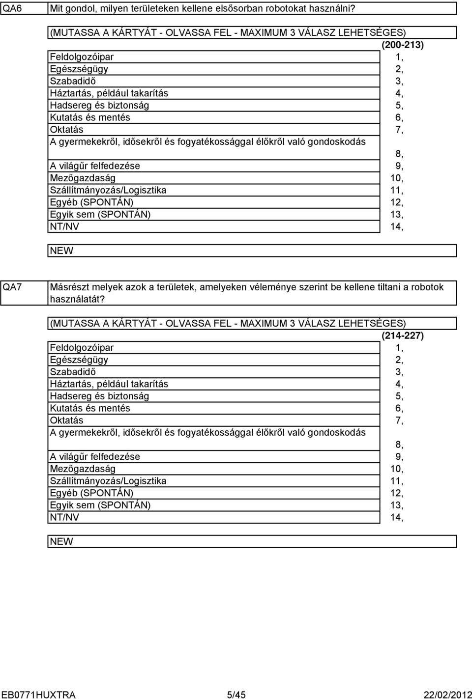 gyermekekről, idősekről és fogyatékossággal élőkről való gondoskodás A világűr felfedezése Mezőgazdaság Szállítmányozás/Logisztika Egyéb (SPONTÁN) Egyik sem (SPONTÁN) 8, 9, 0,,,,, QA7 Másrészt melyek