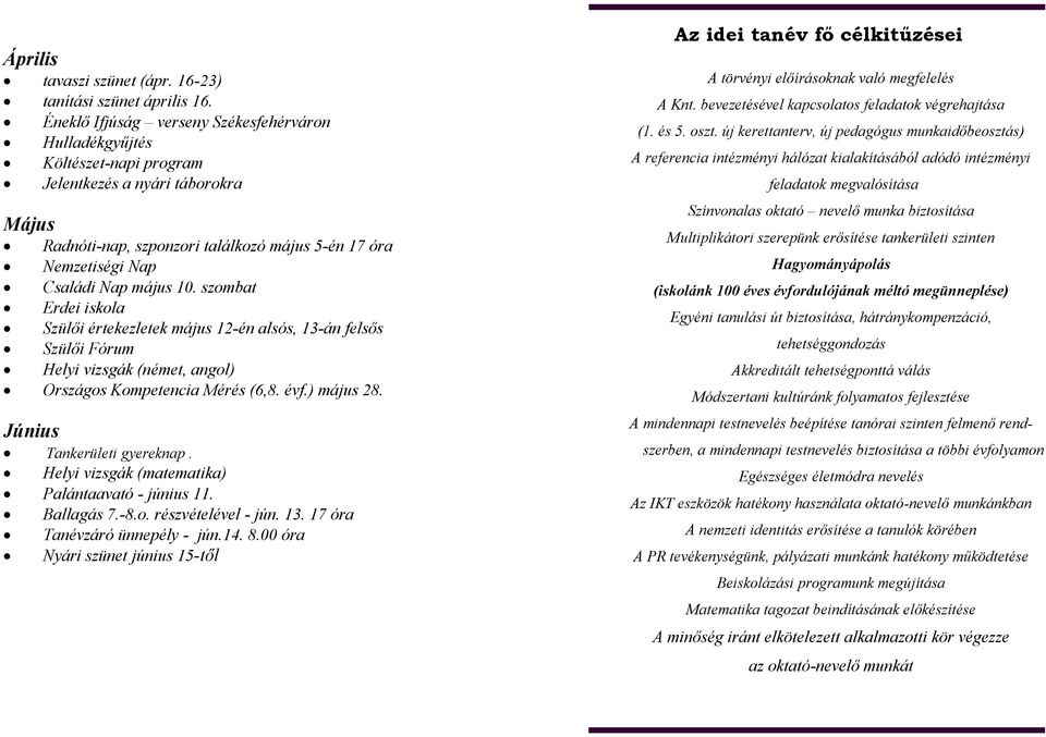 10. szombat Erdei iskola Szülői értekezletek május 12-én alsós, 13-án felsős Szülői Fórum Helyi vizsgák (német, angol) Országos Kompetencia Mérés (6,8. évf.) május 28. Június Tankerületi gyereknap.