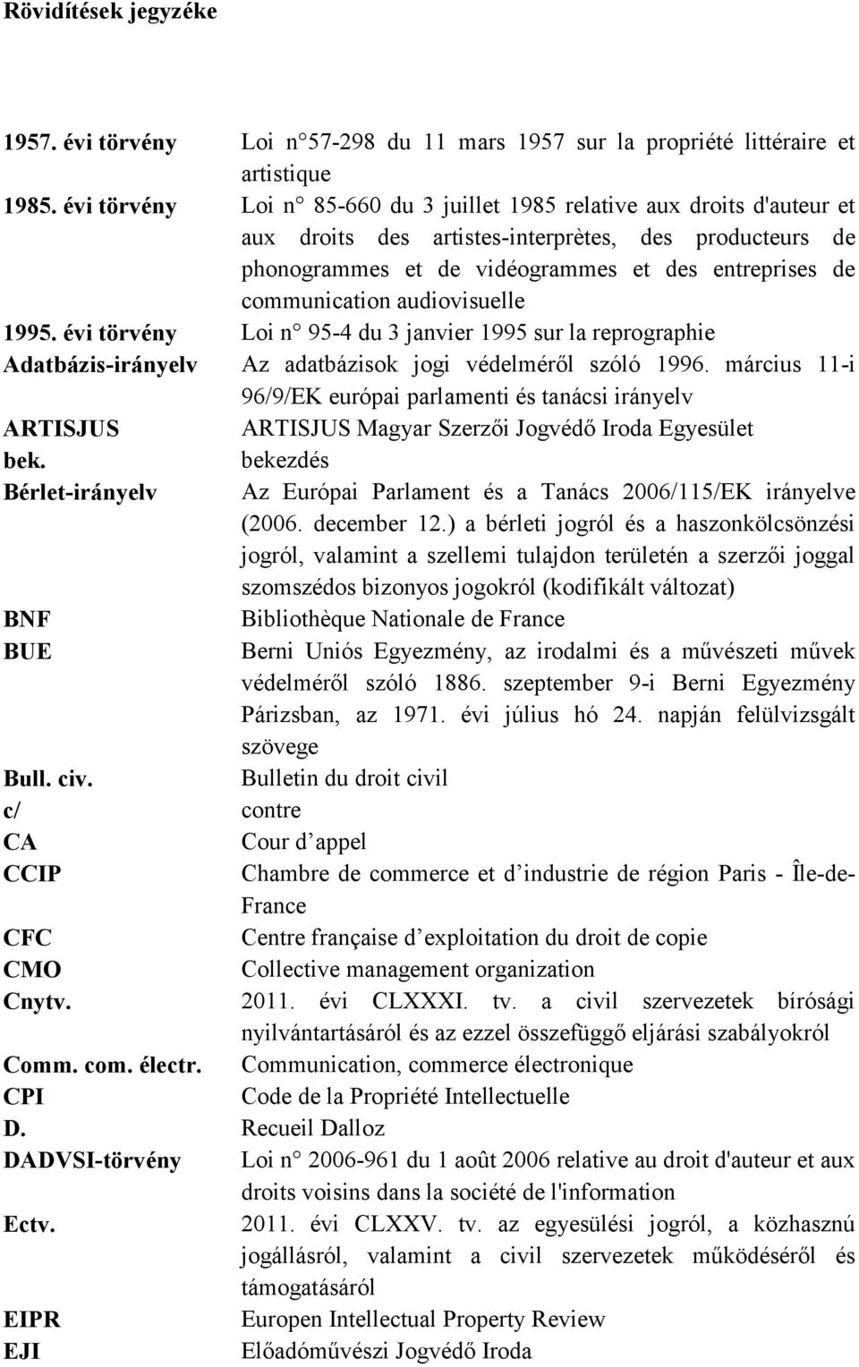 audiovisuelle 1995. évi törvény Loi n 95-4 du 3 janvier 1995 sur la reprographie Adatbázis-irányelv Az adatbázisok jogi védelméről szóló 1996.