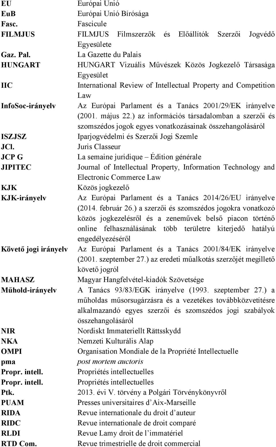 és a Tanács 2001/29/EK irányelve (2001. május 22.) az információs társadalomban a szerzői és szomszédos jogok egyes vonatkozásainak összehangolásáról ISZJSZ Iparjogvédelmi és Szerzői Jogi Szemle JCl.