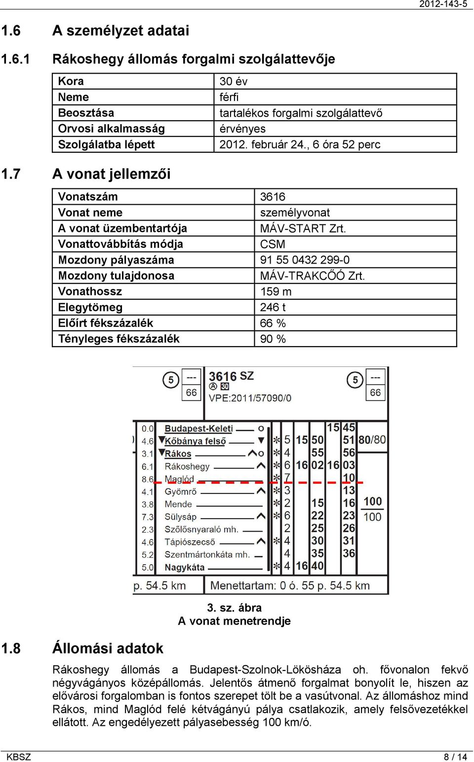 Vonattovábbítás módja CSM Mozdony pályaszáma 91 55 0432 299-0 Mozdony tulajdonosa MÁV-TRAKCŐÓ Zrt. Vonathossz 159 m Elegytömeg 246 t Előírt fékszázalék 66 % Tényleges fékszázalék 90 % 1.