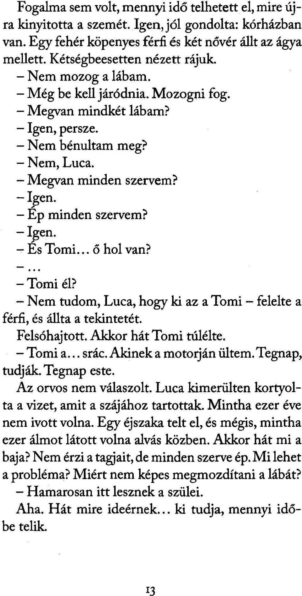 - És Tomi... ő hol van? - Tomi él? - Nem tudom, Luca, hogy ki az a Tomi - felelte a férfi, és állta a tekintetét. Felsóhajtott. Akkor hát Tomi túlélte. - Tomi a... srác. Akinek a motorján ültem.