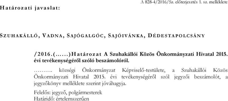 ..)Hatá ro zat A Szuhakállói Közös Önkormányzati Hivatal 2015. évi tevékenységéről szóló beszámolóról.