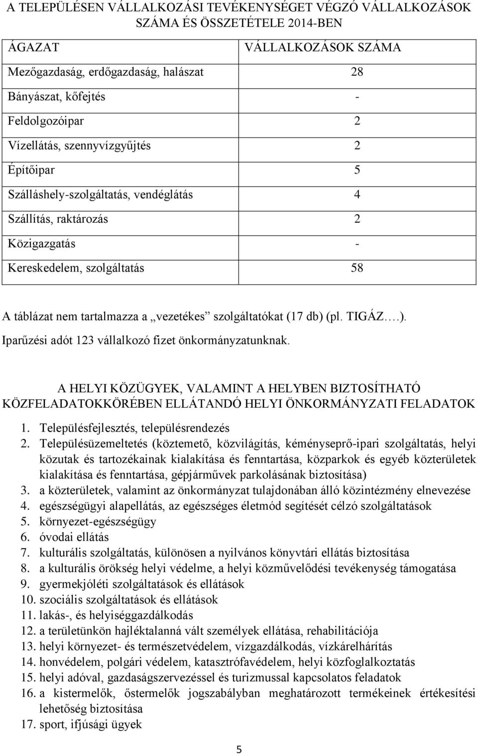 szolgáltatókat (17 db) (pl. TIGÁZ.). Iparűzési adót 123 vállalkozó fizet önkormányzatunknak.