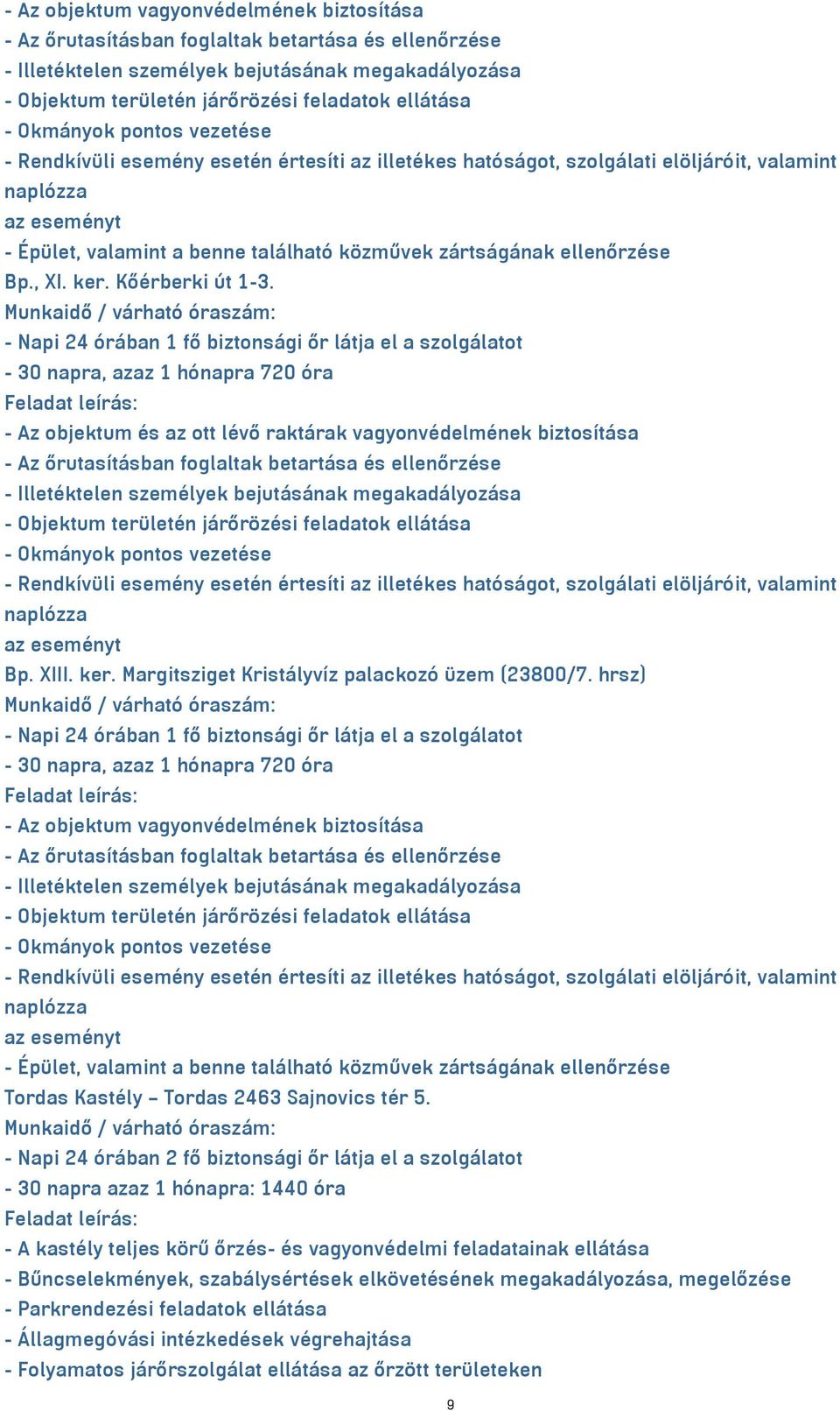 Margitsziget Kristályvíz palackozó üzem (23800/7. hrsz) - 30 napra, azaz 1 hónapra 720 óra - Objektum területén járőrözési feladatok ellátása Tordas Kastély Tordas 2463 Sajnovics tér 5.