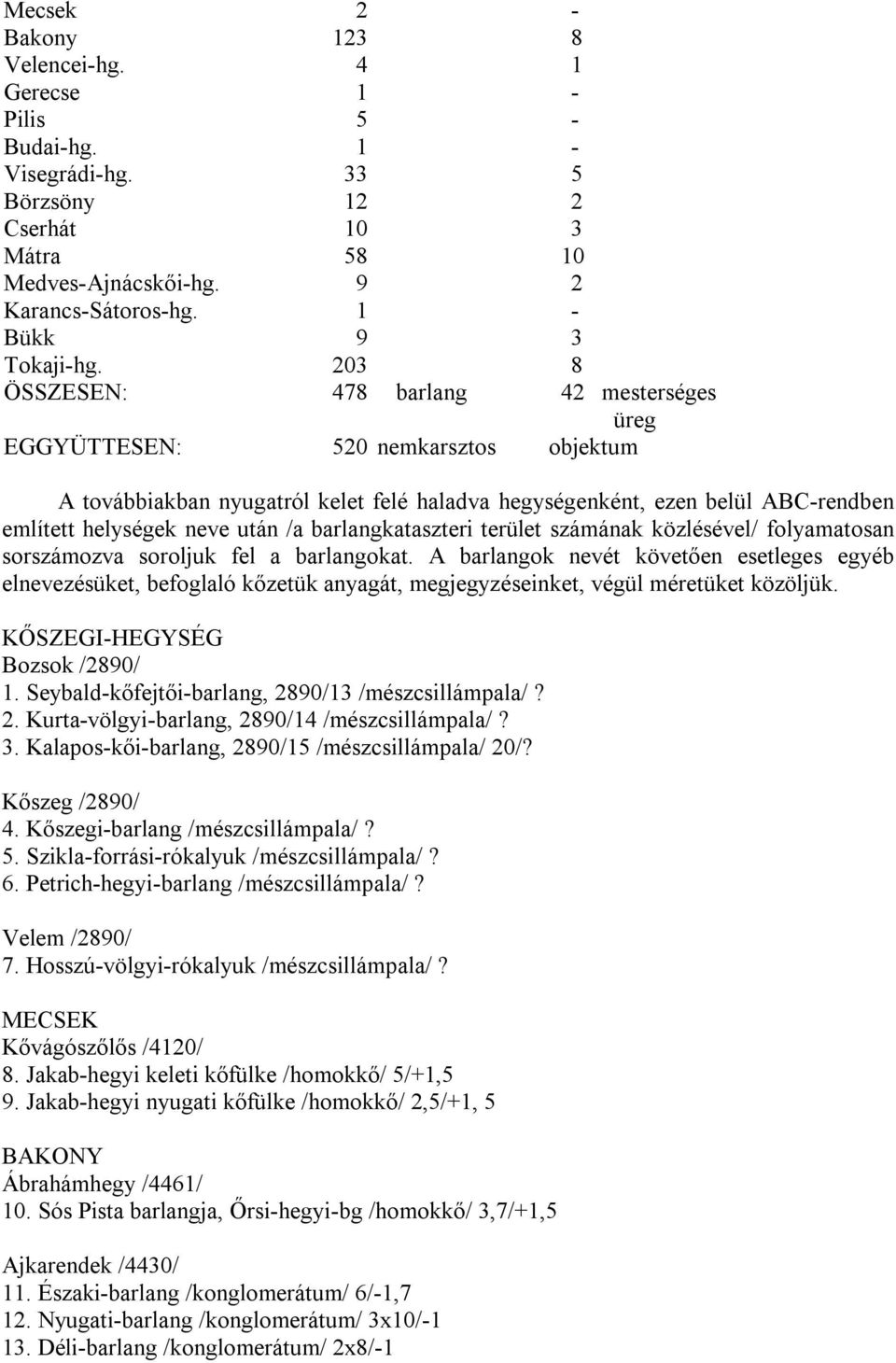 203 8 ÖSSZESEN: 478 barlang 42 mesterséges üreg EGGYÜTTESEN: 520 nemkarsztos objektum A továbbiakban nyugatról kelet felé haladva hegységenként, ezen belül ABC-rendben említett helységek neve után /a