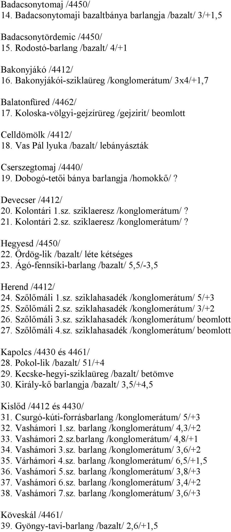 Dobogó-tetői bánya barlangja /homokkő/? Devecser /4412/ 20. Kolontári 1.sz. sziklaeresz /konglomerátum/? 21. Kolontári 2.sz. sziklaeresz /konglomerátum/? Hegyesd /4450/ 22.