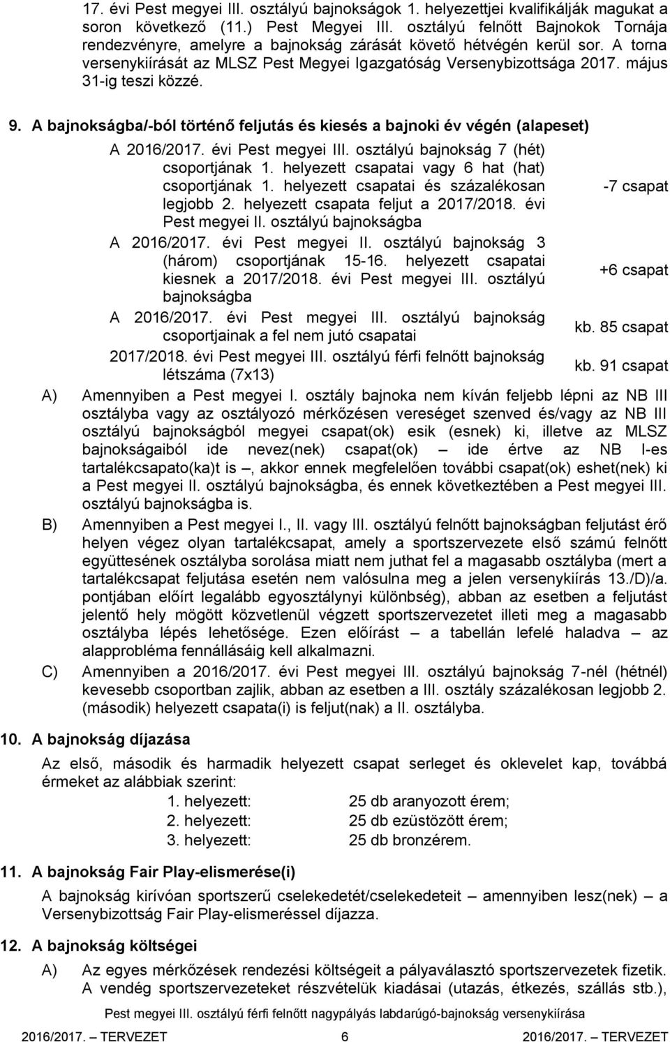 május 31-ig teszi közzé. 9. A bajnokságba/-ból történő feljutás és kiesés a bajnoki év végén (alapeset) A 2016/2017. évi Pest megyei III. osztályú bajnokság 7 (hét) csoportjának 1.