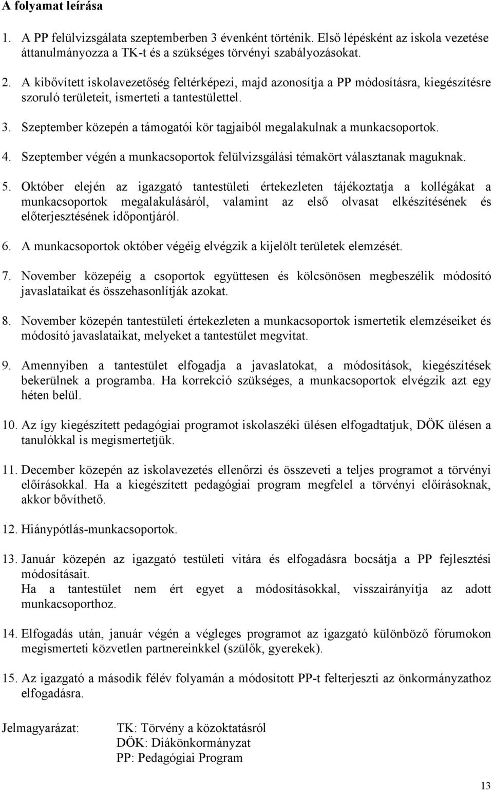 Szeptember közepén a támogatói kör tagjaiból megalakulnak a munkacsoportok. 4. Szeptember végén a munkacsoportok felülvizsgálási témakört választanak maguknak. 5.