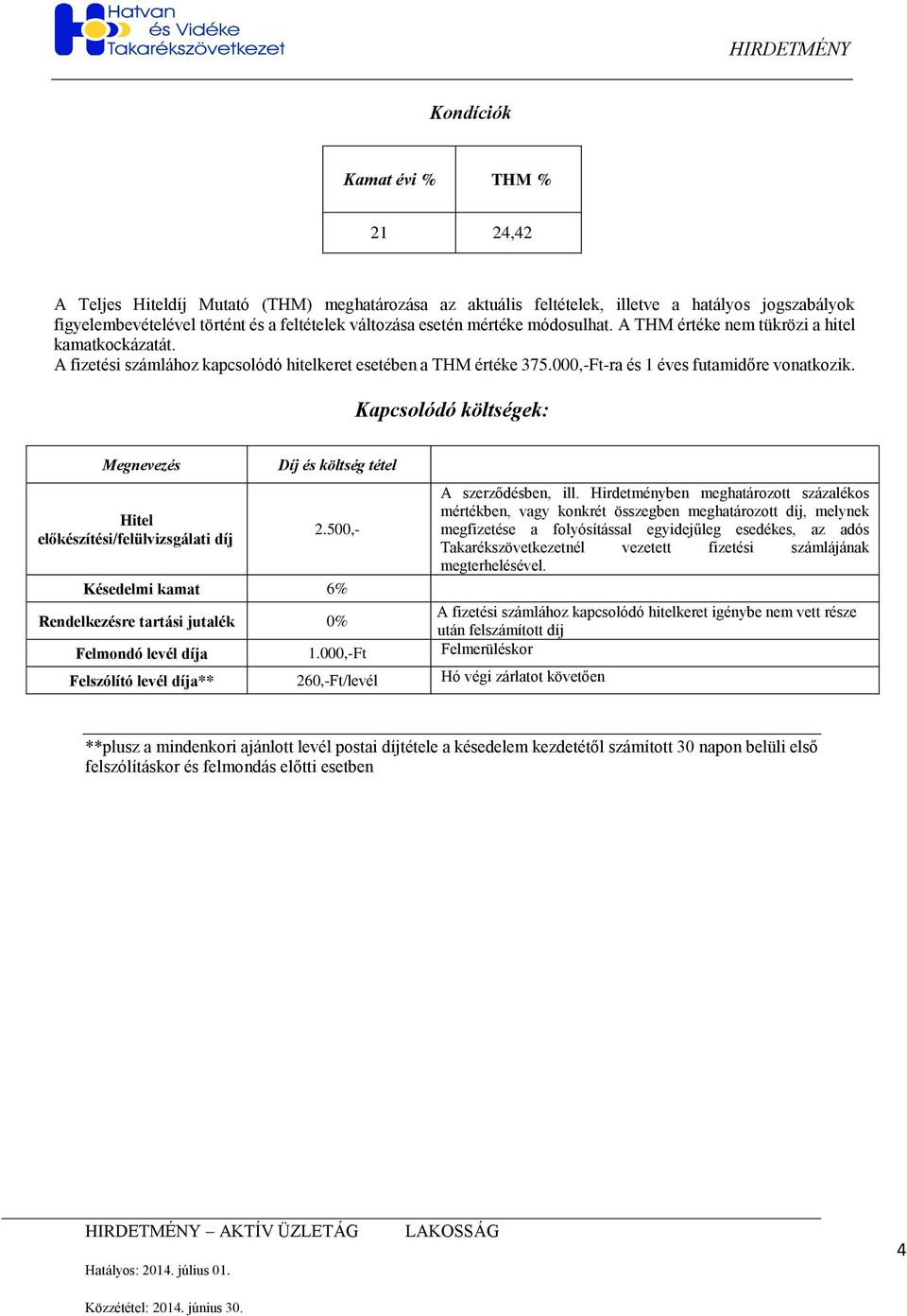 Kapcsolódó költségek: Megnevezés Díj és költség tétel Hitel előkészítési/felülvizsgálati 2.500,- A szerződésben, ill.