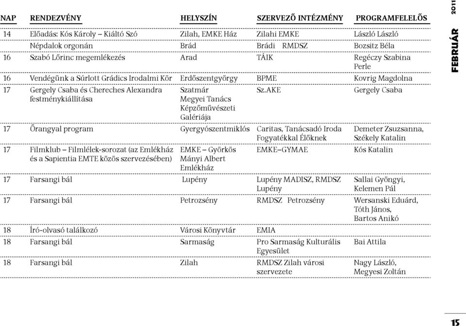 AKE 17 Őrangyal program Gyergyószentmiklós Caritas, Tanácsadó Iroda 17 Filmklub Filmlélek-sorozat (az és a Sapientia EMTE közös szervezésében) EMKE Györkös EMKE GYMAE 17 Farsangi bál Lupény Lupény