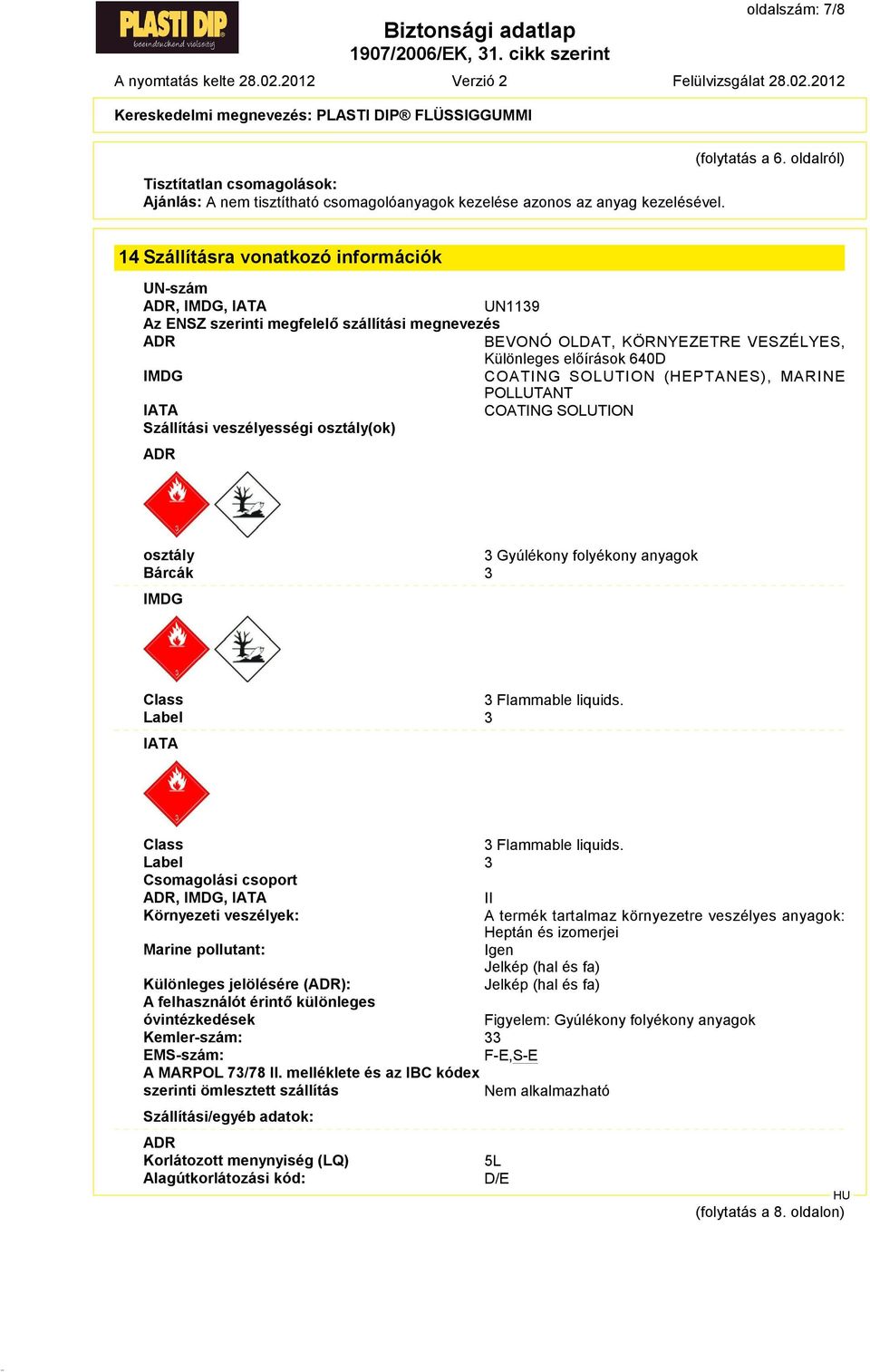 COATING SOLUTION (HEPTANES), MARINE POLLUTANT IATA COATING SOLUTION Szállítási veszélyességi osztály(ok) ADR osztály 3 Gyúlékony folyékony anyagok Bárcák 3 IMDG Class 3 Flammable liquids.