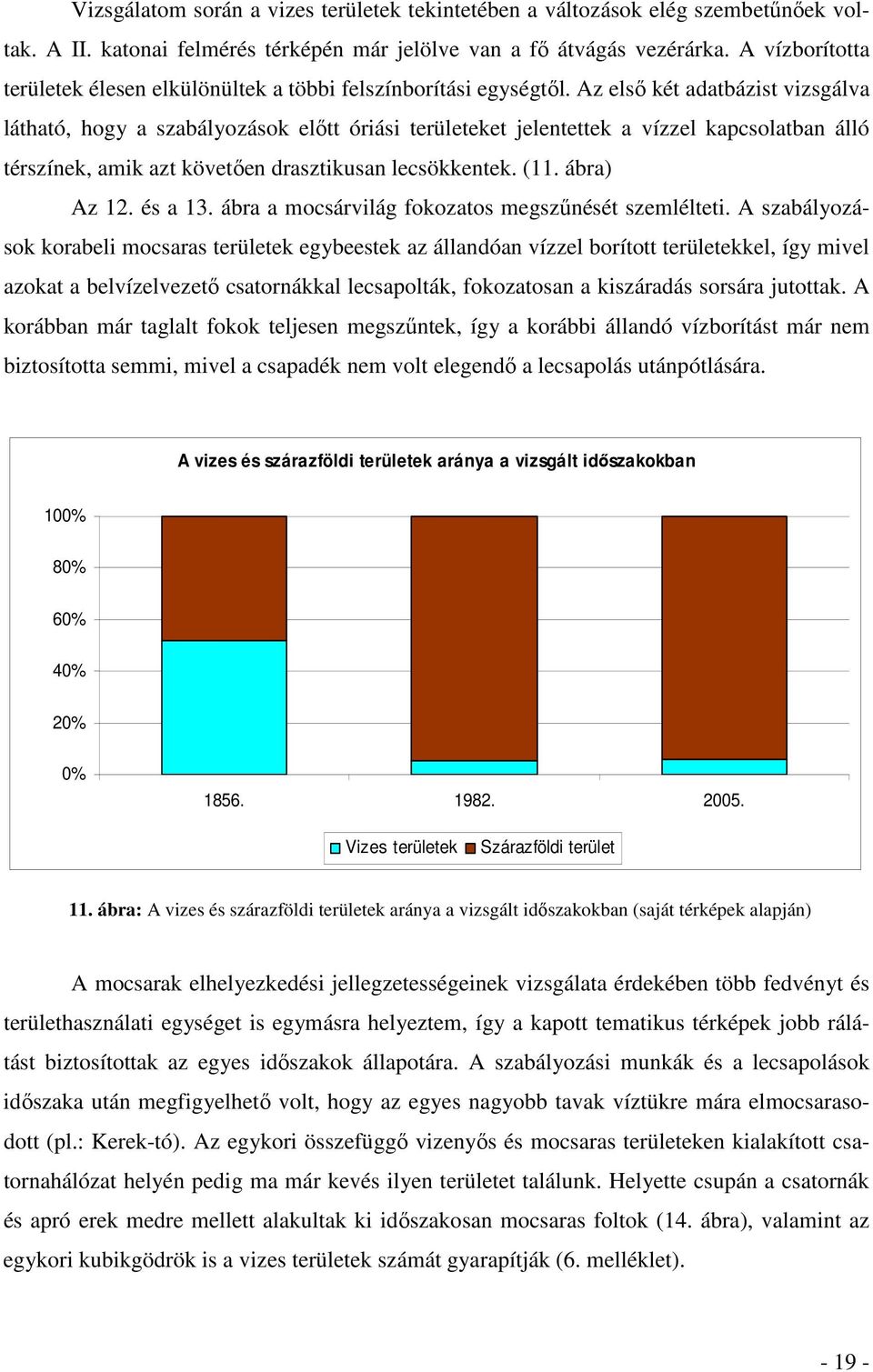 Az első két adatbázist vizsgálva látható, hogy a szabályozások előtt óriási területeket jelentettek a vízzel kapcsolatban álló térszínek, amik azt követően drasztikusan lecsökkentek. (11. ábra) Az 12.