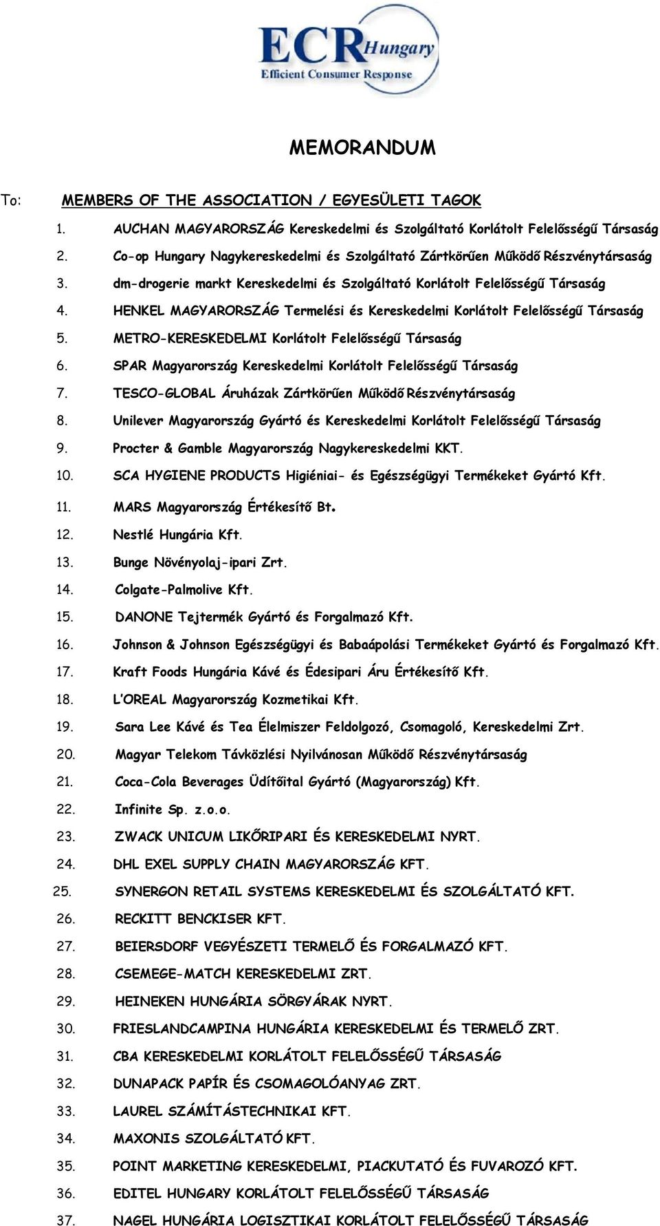 HENKEL MAGYARORSZÁG Termelési és Kereskedelmi Korlátolt Felelősségű Társaság 5. METRO-KERESKEDELMI Korlátolt Felelősségű Társaság 6. SPAR Magyarország Kereskedelmi Korlátolt Felelősségű Társaság 7.