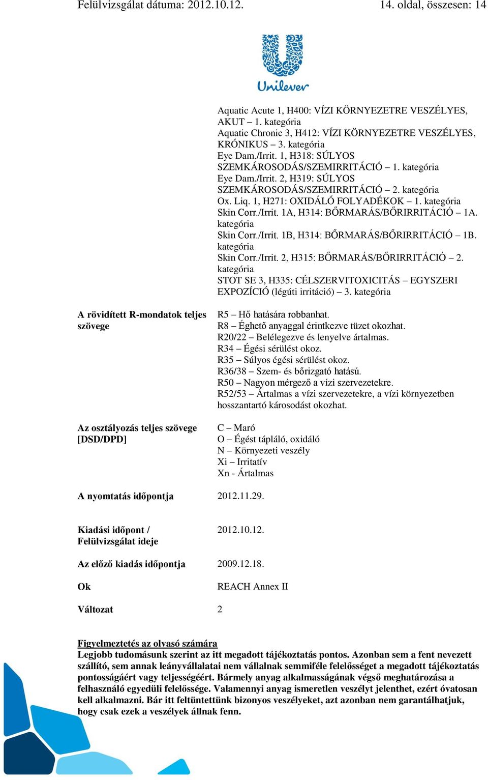 kategória Skin Corr./Irrit. 1A, H314: BŐRMARÁS/BŐRIRRITÁCIÓ 1A. kategória Skin Corr./Irrit. 1B, H314: BŐRMARÁS/BŐRIRRITÁCIÓ 1B. kategória Skin Corr./Irrit. 2, H315: BŐRMARÁS/BŐRIRRITÁCIÓ 2.