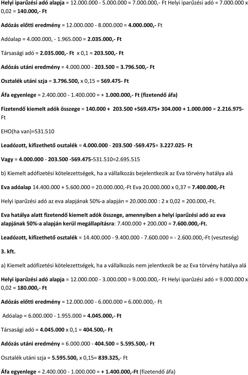 475- Ft Áfa egyenlege = 2.400.000-1.400.000 = + 1.000.000,- Ft (fizetendő áfa) Fizetendő kiemelt adók összege = 140.000 + 203.500 +569.475+ 304.000 + 1.000.000 = 2.216.975- Ft EHO(ha van)=531.