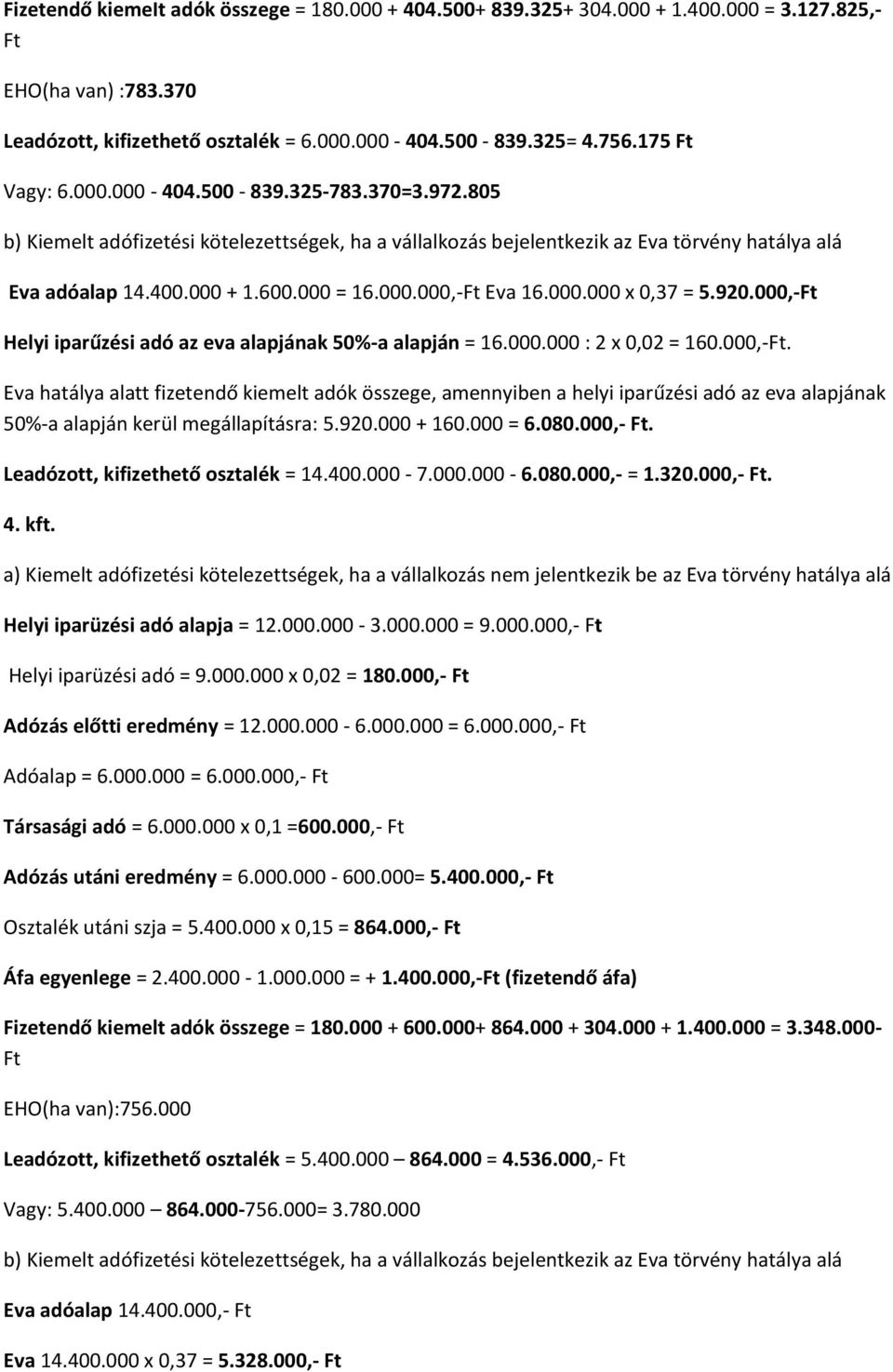 000.000 x 0,37 = 5.920.000,-Ft Helyi iparűzési adó az eva alapjának 50%-a alapján = 16.000.000 : 2 x 0,02 = 160.000,-Ft. Eva hatálya alatt fizetendő kiemelt adók összege, amennyiben a helyi iparűzési adó az eva alapjának 50%-a alapján kerül megállapításra: 5.