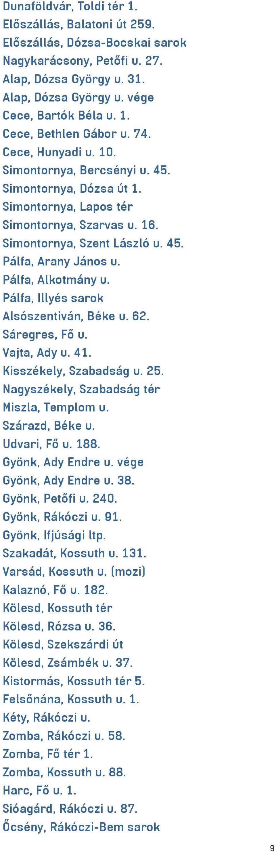 Pálfa, Alkotmány u. Pálfa, Illyés sarok Alsószentiván, Béke u. 62. Sáregres, Fő u. Vajta, Ady u. 41. Kisszékely, Szabadság u. 25. Nagyszékely, Szabadság tér Miszla, Templom u. Szárazd, Béke u.