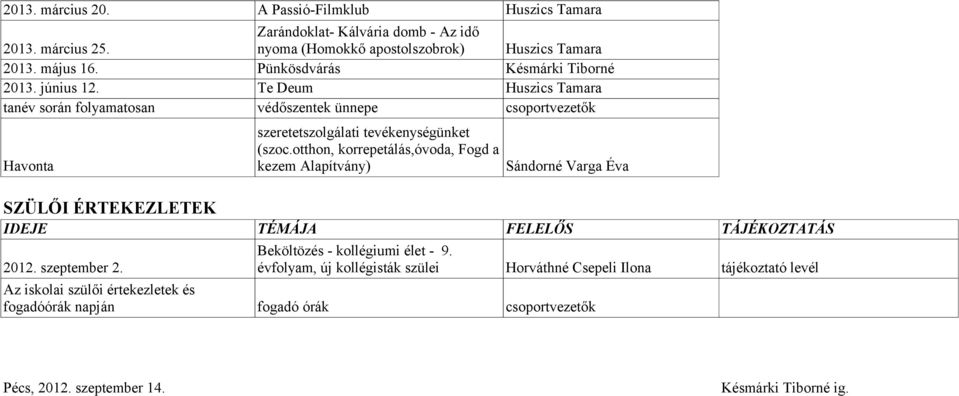 tanév során folyamatosan Te Deum védőszentek ünnepe csoportvezetők Havonta Sándorné Varga Éva SZÜLŐI ÉRTEKEZLETEK TÁJÉKOZTATÁS Beköltözés - kollégiumi élet - 9.